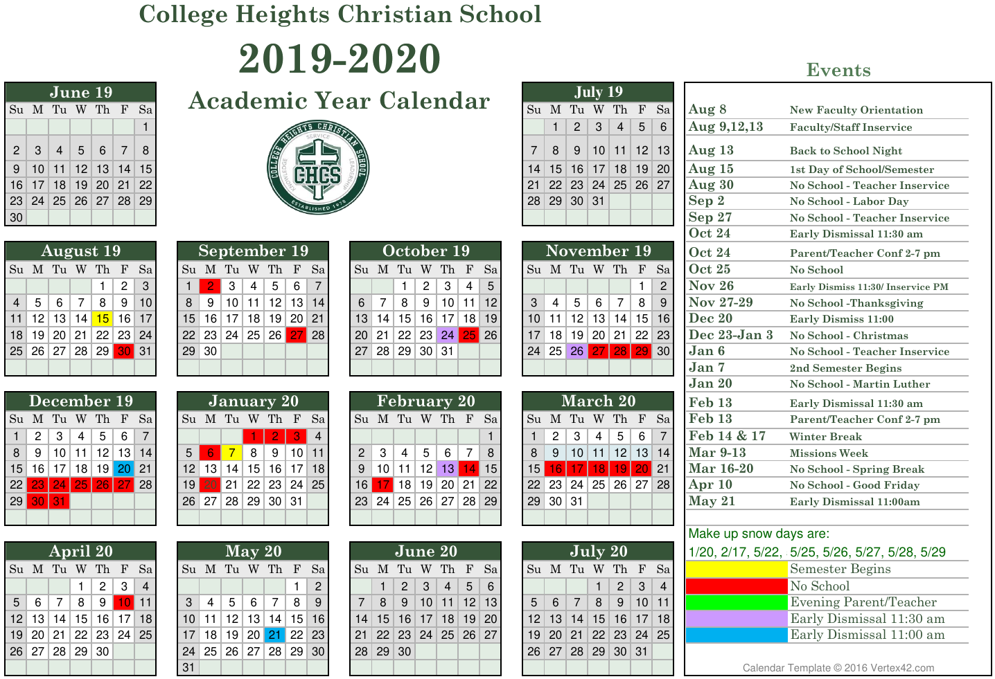 Academic Calendar College Heights Christian School